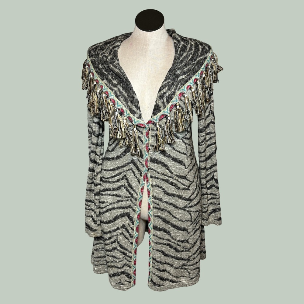 Soft Surroundings Cardigan M Knit Zebra Print Tassel Boho Fringe Boho Chic